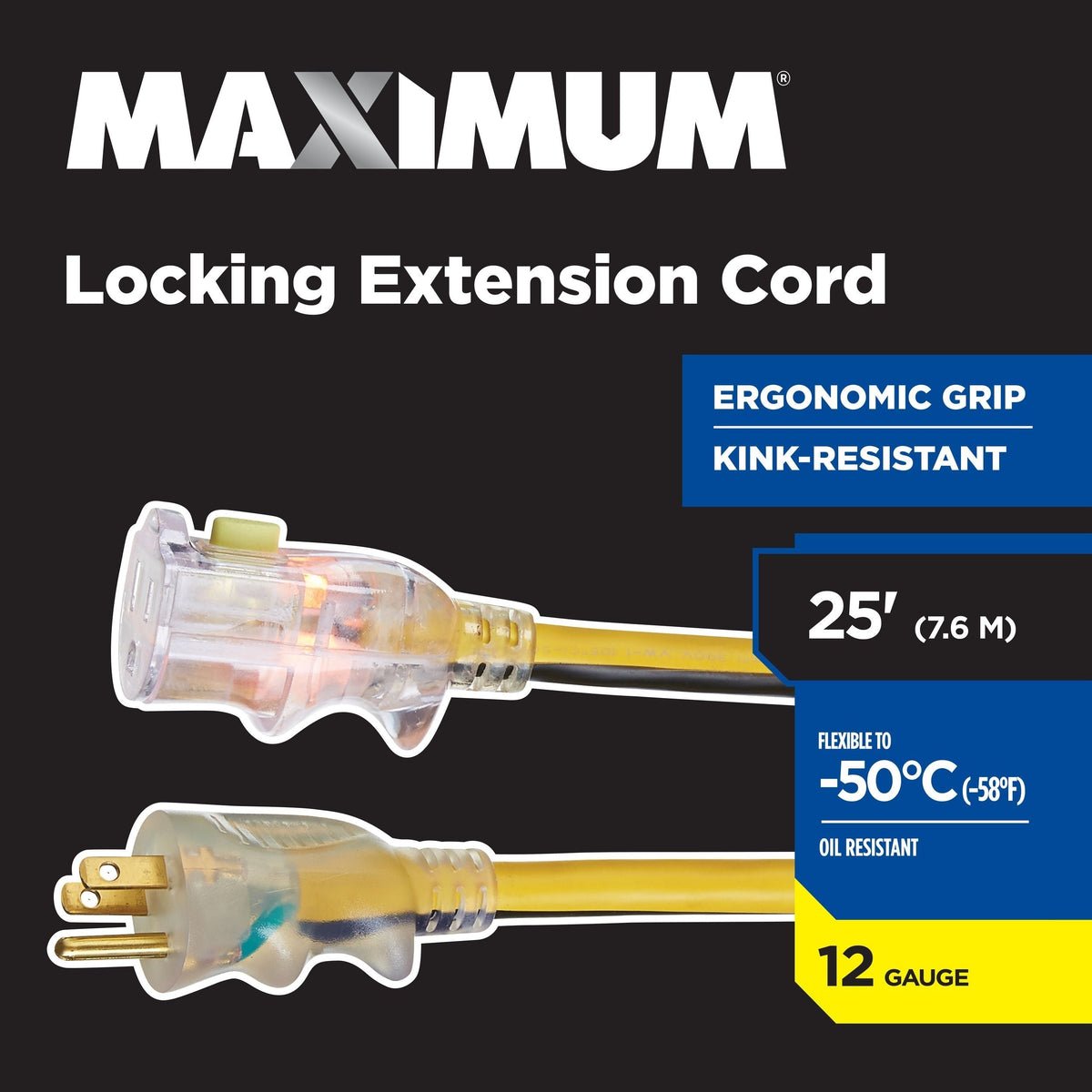 25-ft 12/3 Outdoor Extension Cord with Grounded Outlet, Lighted End and Locking Connector, Yellow/Black R2T3 - product image 5