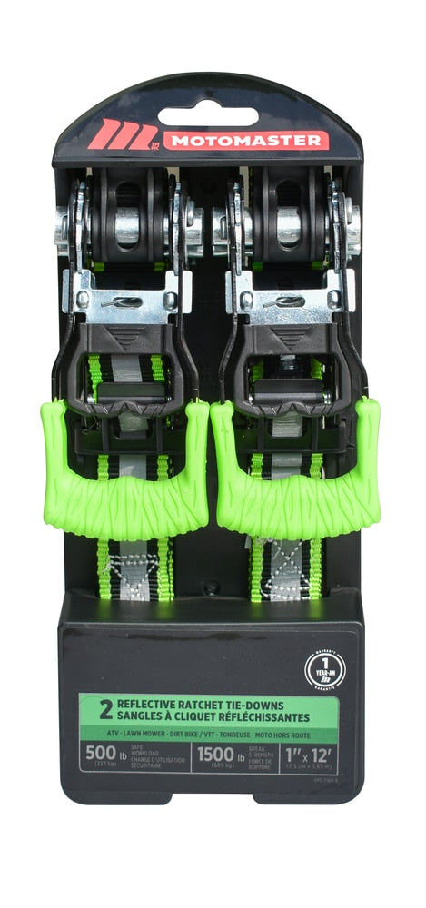 1,500-lb Reflective Ratchet Tie-Down Strap with Padded D-Handle, 1-in x 12-ft, 2-pk N7T4 - product image 1