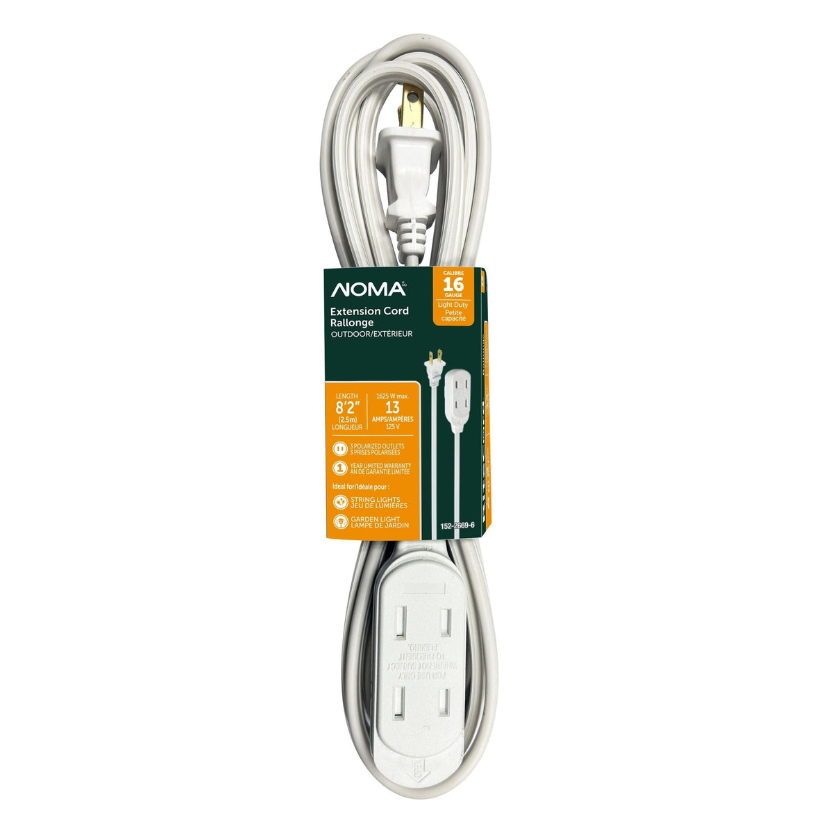 2.5-m 13A 3-Outlet Light-Duty 16-Gauge White Outdoor Extension Cord Z4P6 - product image 1