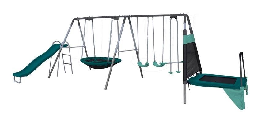 Outdoor Ravine Metal Swing Set Combo, 2 Swings, Glider, Trampoline & Saucer W5H4 - product image 1