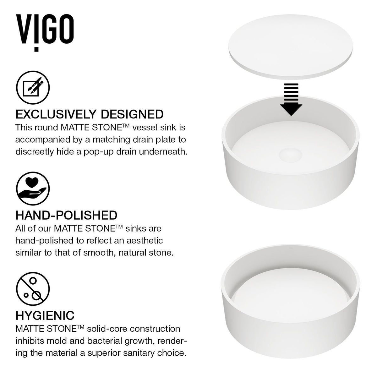 Anvil MatteStone Round White Composite Bathroom Sink/Basin Set with Cass Wall Mount Faucet and Pop-Up Drain Z3O9 - product image 4