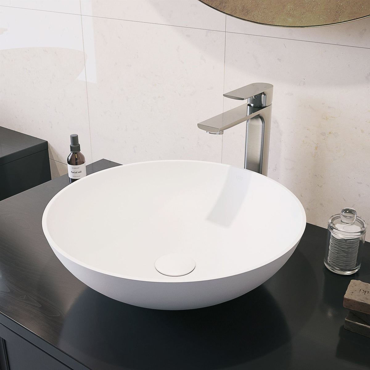Lotus Matte Stone Round Composite Vessel Bathroom Sink/Basin with Deep Bowl, White L5U7 - product image 8