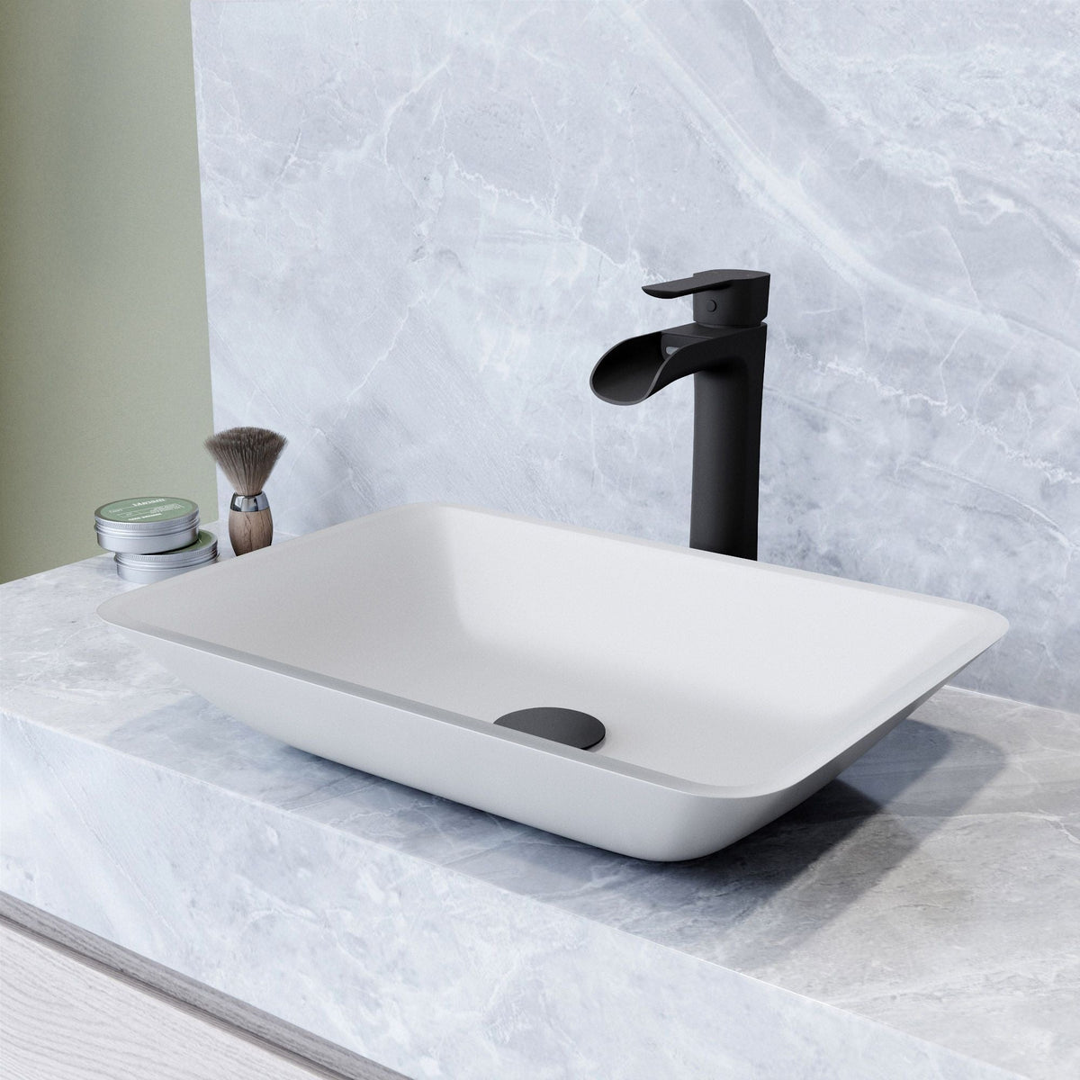 Sottile MatteShell White Bathroom Sink/Basin Set with Niko Faucet and Glass Rectangular Vessel I0H7 - product image 6