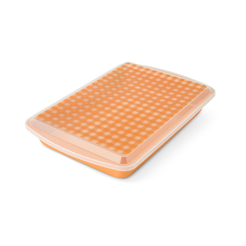 Kitchen Gingham Metal Pan with Lid and Cutter H6E9