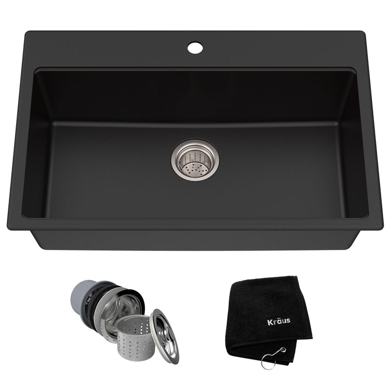 Quarza Top/Undermount Granite Single Bowl Kitchen Sink, Black Onyx, 31x20x9-in N2X9