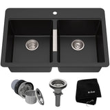 Quarza Undermount Granite Double Bowl Kitchen Sink, Black Onyx, 33x22x10-in G0L7 - product image 1
