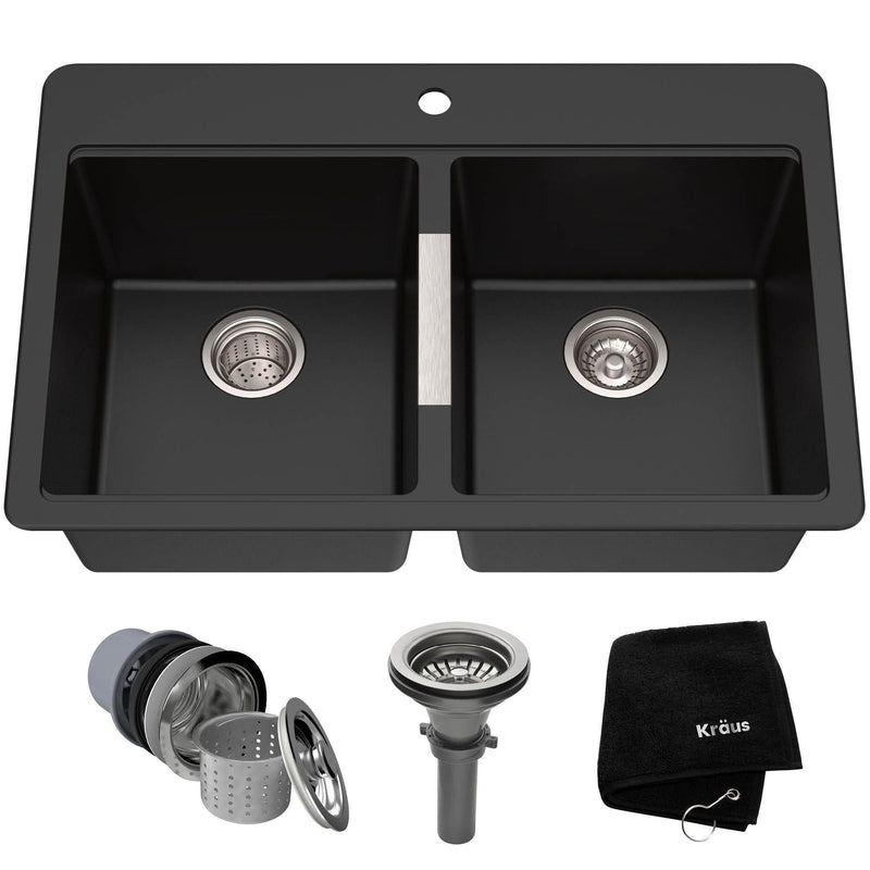 Quarza Undermount Granite Double Bowl Kitchen Sink, Black Onyx, 33x22x10-in G0L7