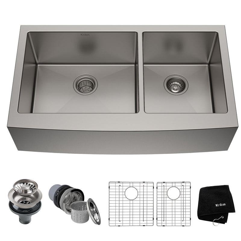 Standard PRO Apron Front Farmhouse Stainless Steel Double Bowl Kitchen Sink, 36x21x10-in V3U1
