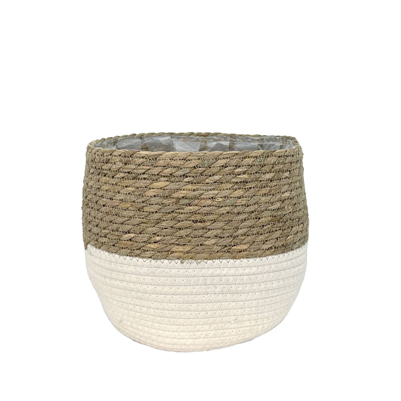 Weave Cotton Jute Round Basket Planter with Leaf-Proof Plastic Lining, 8-in J6Y8