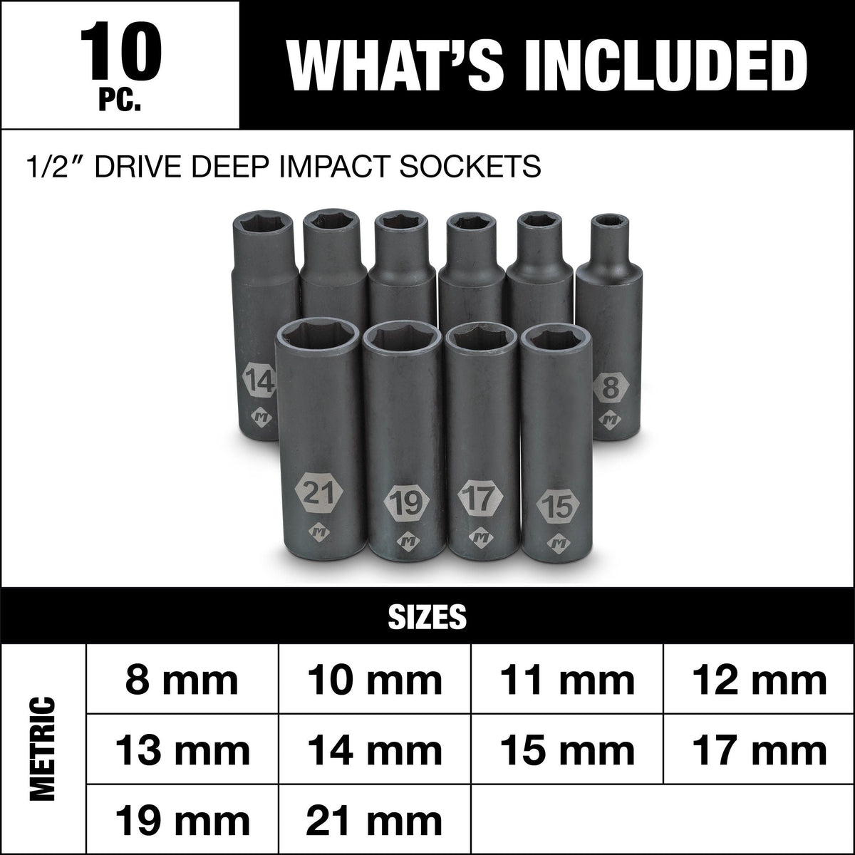 1/2-in Drive Deep Impact Socket Set, Metric, 10-pc Y5X9 - product image 2