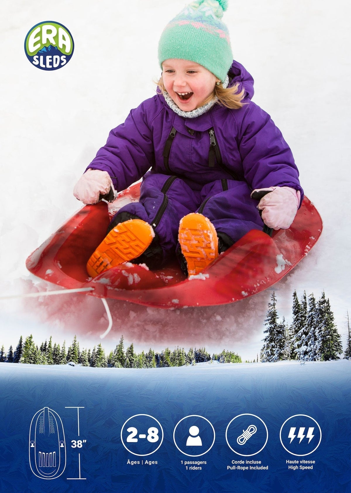 Blitz Kids' 1-Person Plastic Winter Snow Sled/Toboggan with Brakes & Tow Rope H5V0 - product image 3