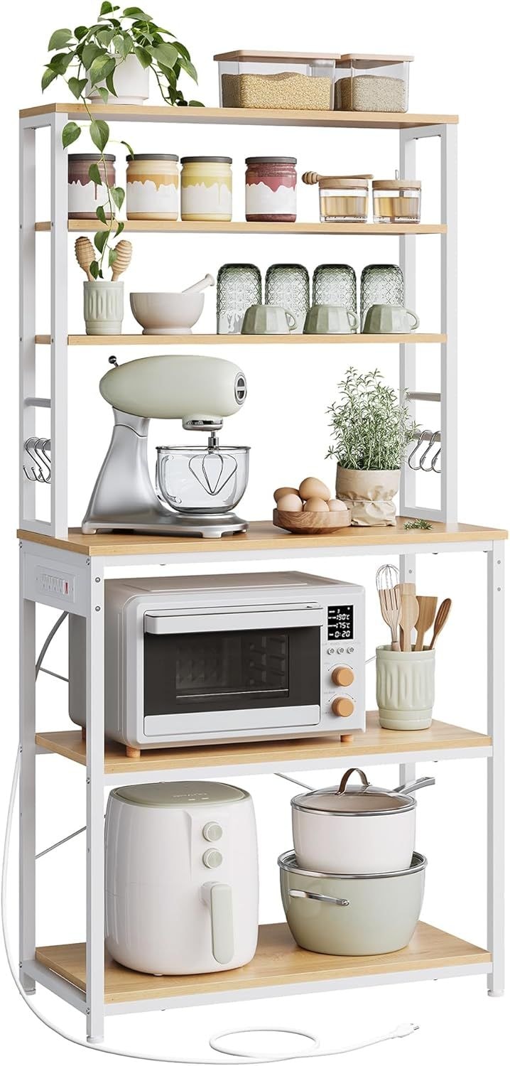 Home Oak/White Baker's Rack with 4 AC Outlets Q4O4