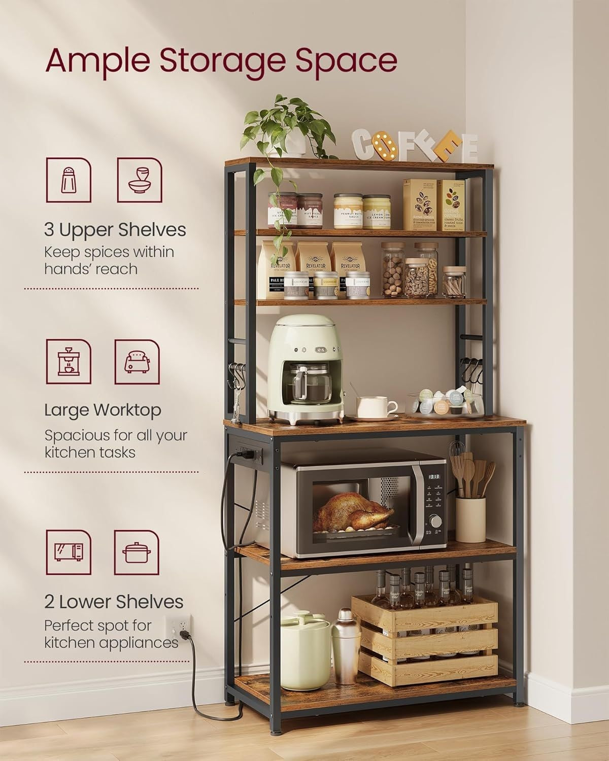 Home Small Rustic Brown Baker's Rack with 4 AC Outlets Y6A8 - product image 6