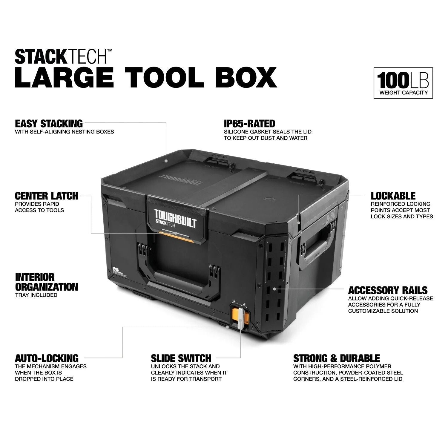 StackTech Middle Portable Modular Plastic/Metal Tool Box with Inner Tray, IP65-Rated, Black T1P4 - product image 2