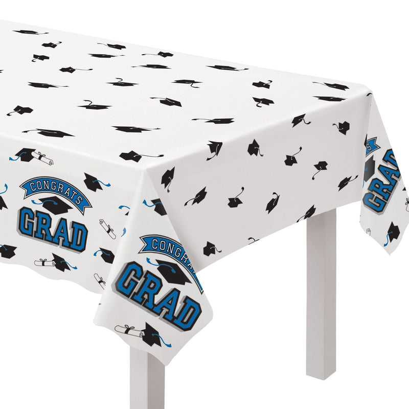 "Congrats Grad" Rectangle Plastic Reusable Table Cover, Navy, 54x84-in, for Graduation L5A3