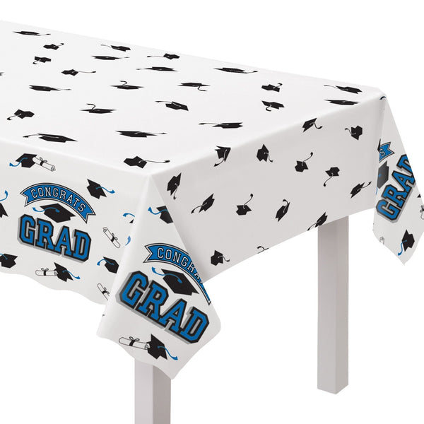 "Congrats Grad" Rectangle Plastic Reusable Table Cover, Navy, 54x84-in, for Graduation S9V1