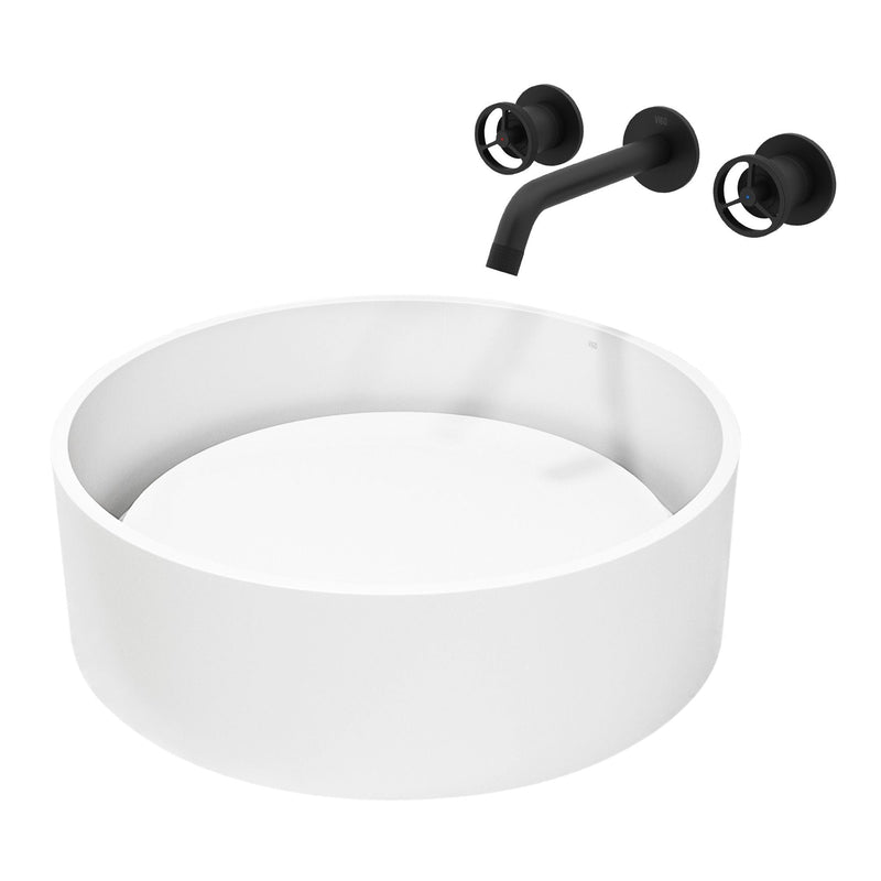 Anvil MatteStone Round White Composite Bathroom Sink/Basin Set with Cass Wall Mount Faucet and Pop-Up Drain Z3O9