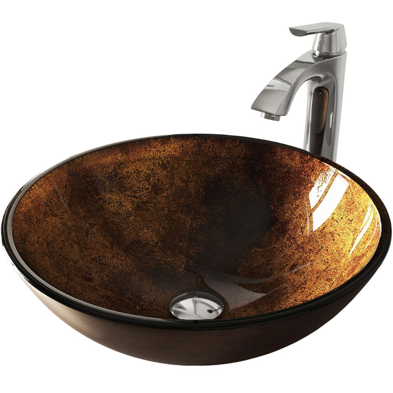 Glass Russet Brown Bathroom Sink/Basin Set with Linus Faucet and Round Vessel Y8J2