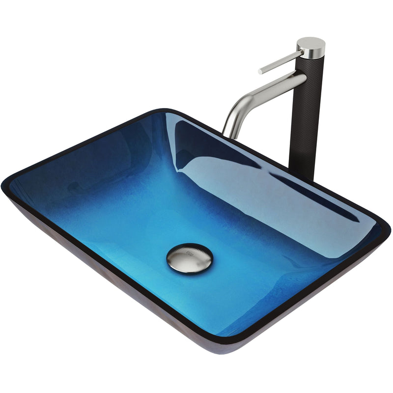 Glass Turquoise Water Bathroom Sink/Basin Set with Lexington Faucet and Rectangular Vessel D5Y6