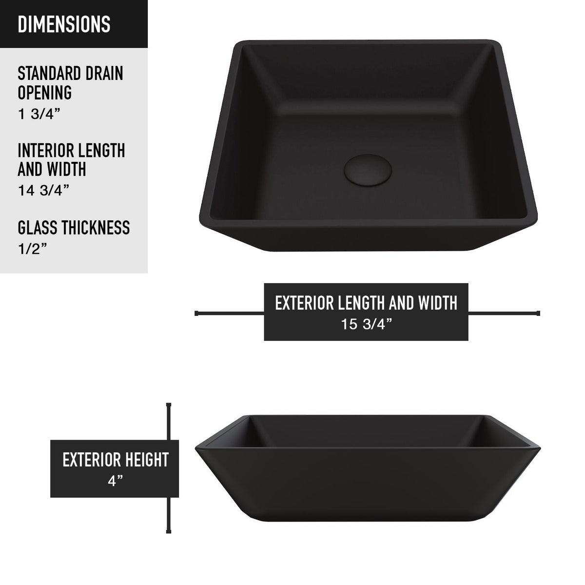 Roma Glass Square Vessel Bathroom Sink/Basin with Rounded Edges & Deep Bowl, Black X1Z2 - product image 4